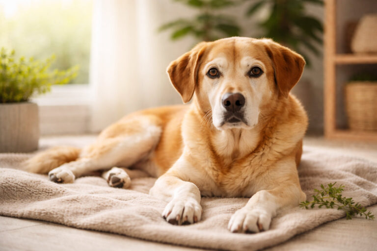 Ruhiger älterer Hund liegt entspannt auf einer Decke – Symbolbild für Nierenprobleme beim Hund und eine achtsame Begleitung